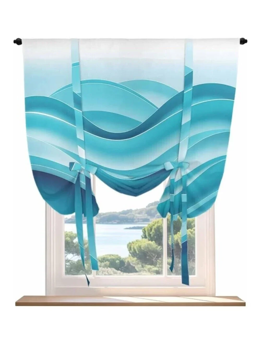Tie Up Curtain With Ocean Wave Stripes, Teal and White, Rod Pocket *NEW*